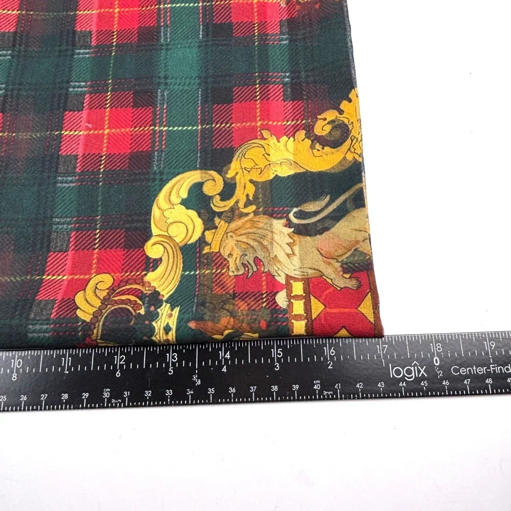 Vtg Heraldic Crest Plaid Scarf Women OS Green Red Square Silk-y Royalcore Preppy